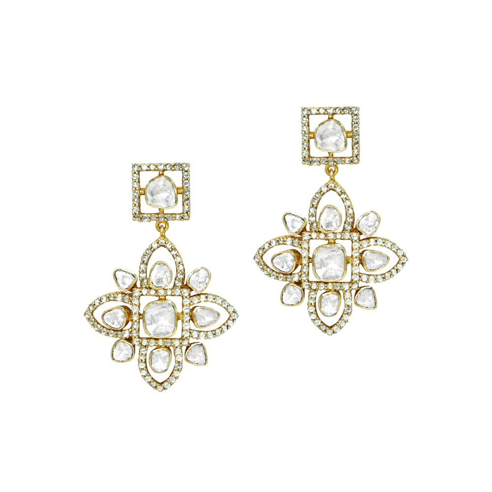 Floral Polki Earrings with Geometric Frames and Diamond Border